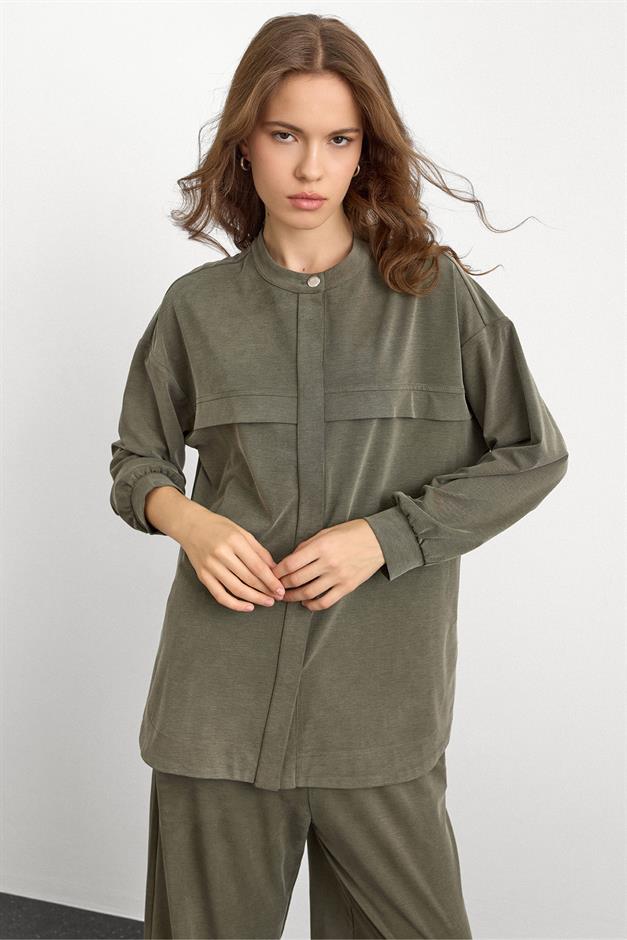 Bisiklet Yaka Önü Patlı Premium Sweat İkili Takım HAKİ 9384-TK