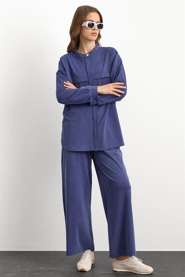 Bisiklet Yaka Önü Patlı Premium Sweat İkili Takım İNDİGO 9384-TK