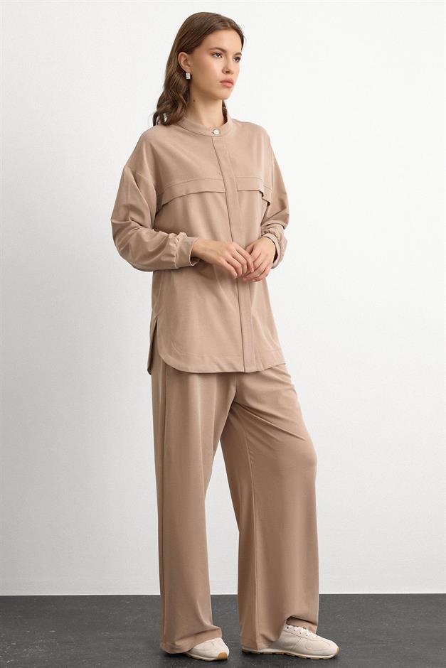 Bisiklet Yaka Önü Patlı Premium Sweat İkili Takım BEJ 9384-TK