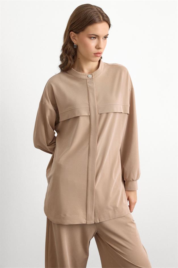 Bisiklet Yaka Önü Patlı Premium Sweat İkili Takım BEJ 9384-TK