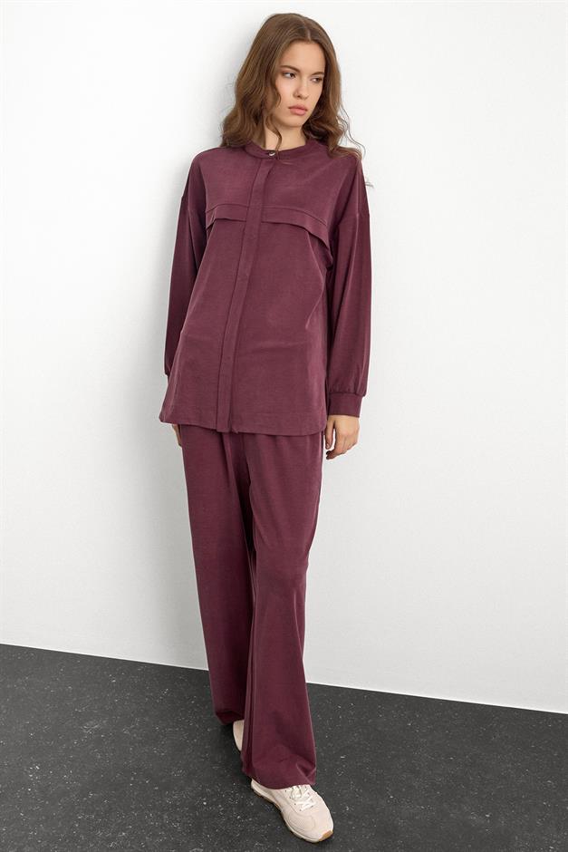 Bisiklet Yaka Önü Patlı Premium Sweat İkili Takım BORDO 9384-TK