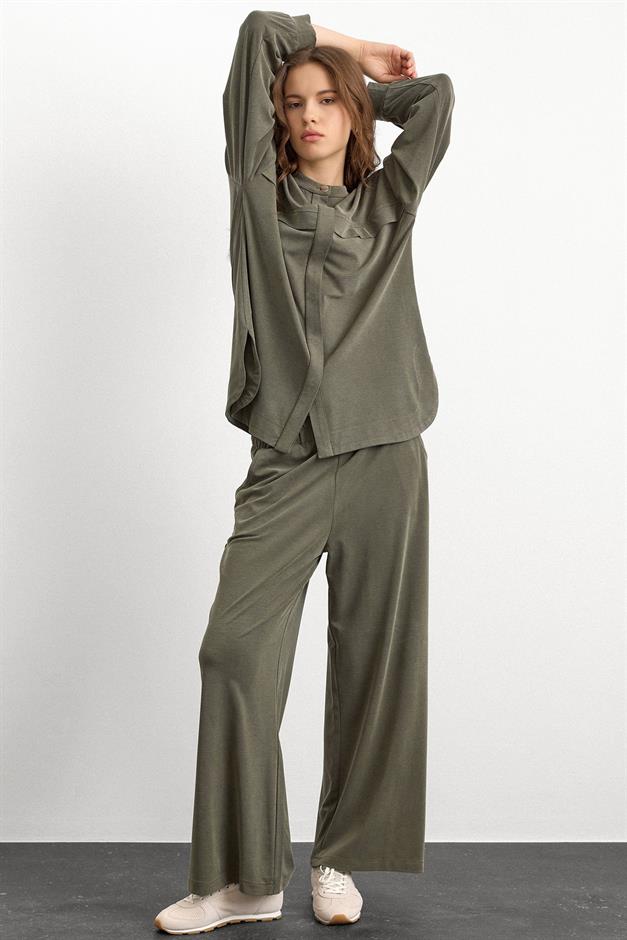 Bisiklet Yaka Önü Patlı Premium Sweat İkili Takım HAKİ 9384-TK