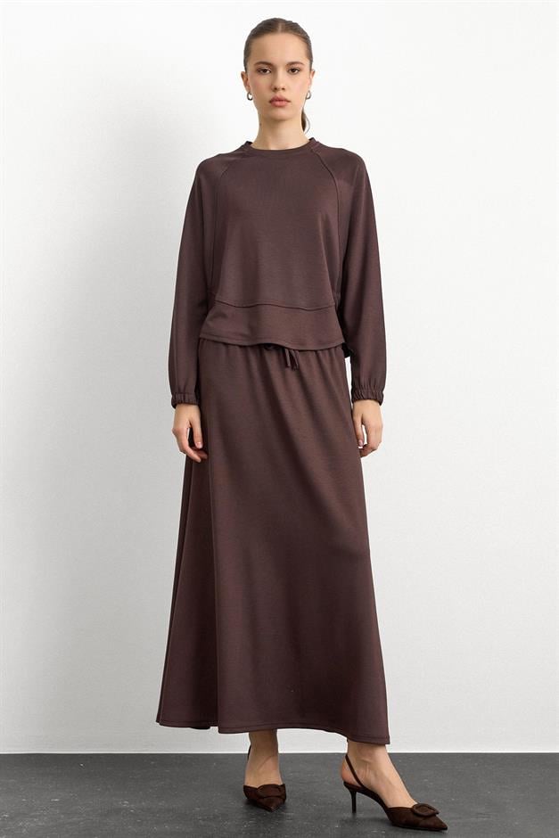 Bisiklet Yaka Örme Sweat Etekli Takım KAHVE 9386-TK