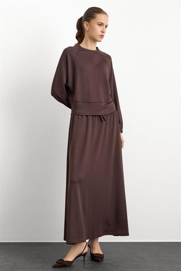 Bisiklet Yaka Örme Sweat Etekli Takım KAHVE 9386-TK