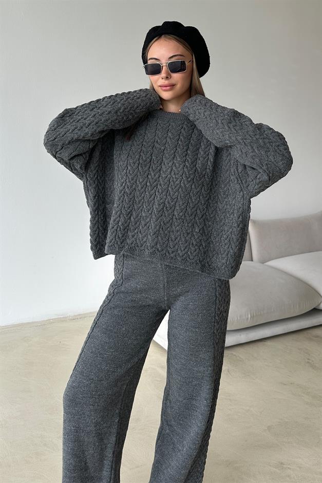 Crew Neck Hair Knit Sweater Suit HARD COAL 9369-TK