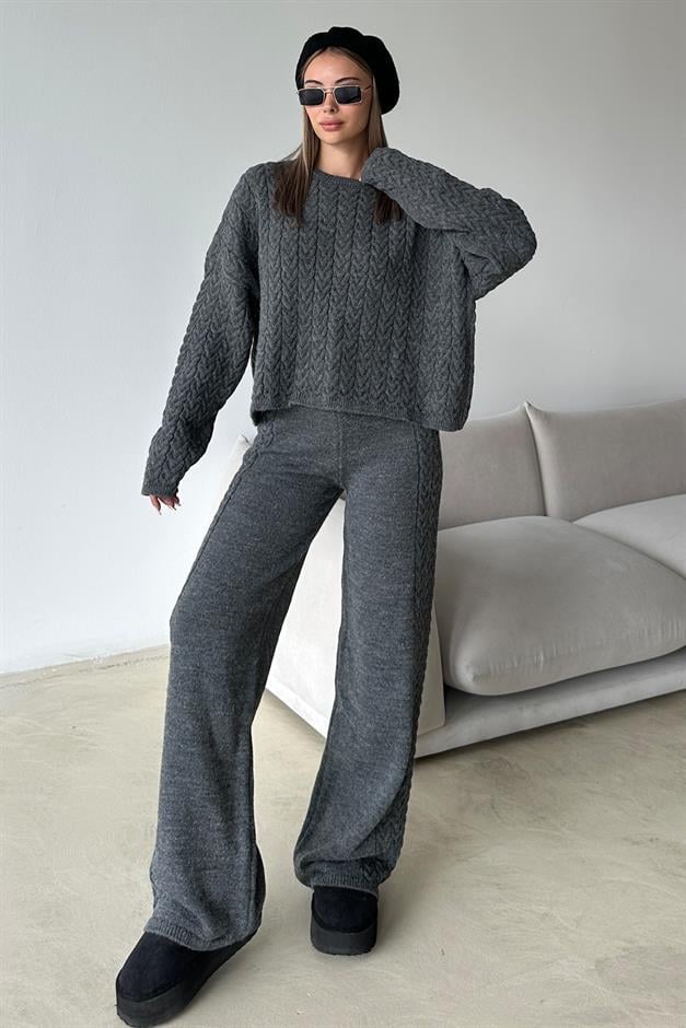 Crew Neck Hair Knit Sweater Suit HARD COAL 9369-TK
