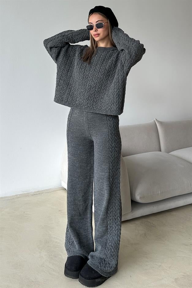 Crew Neck Hair Knit Sweater Suit HARD COAL 9369-TK