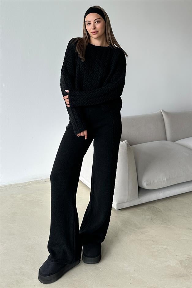 Crew Neck Hair Knit Sweater Suit BLACK 9369-TK