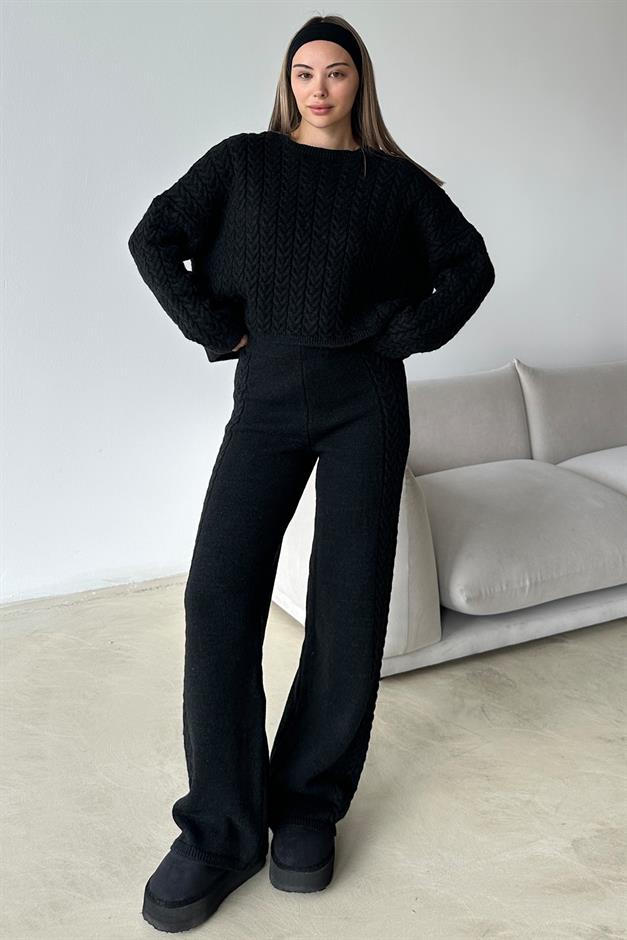 Crew Neck Hair Knit Sweater Suit BLACK 9369-TK