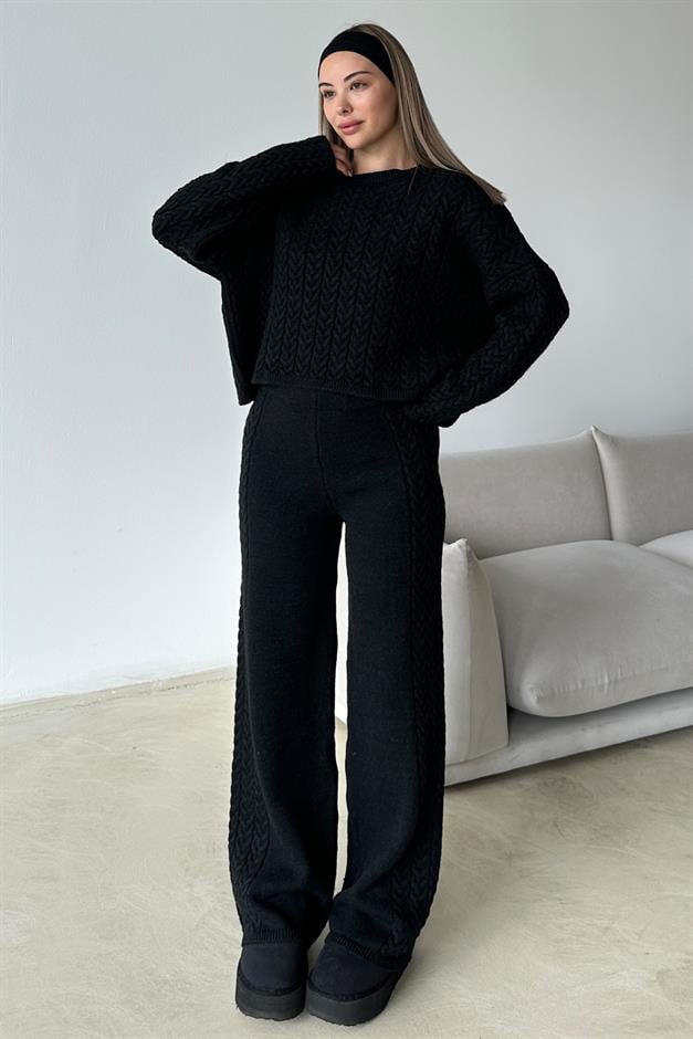 Crew Neck Hair Knit Sweater Suit BLACK 9369-TK