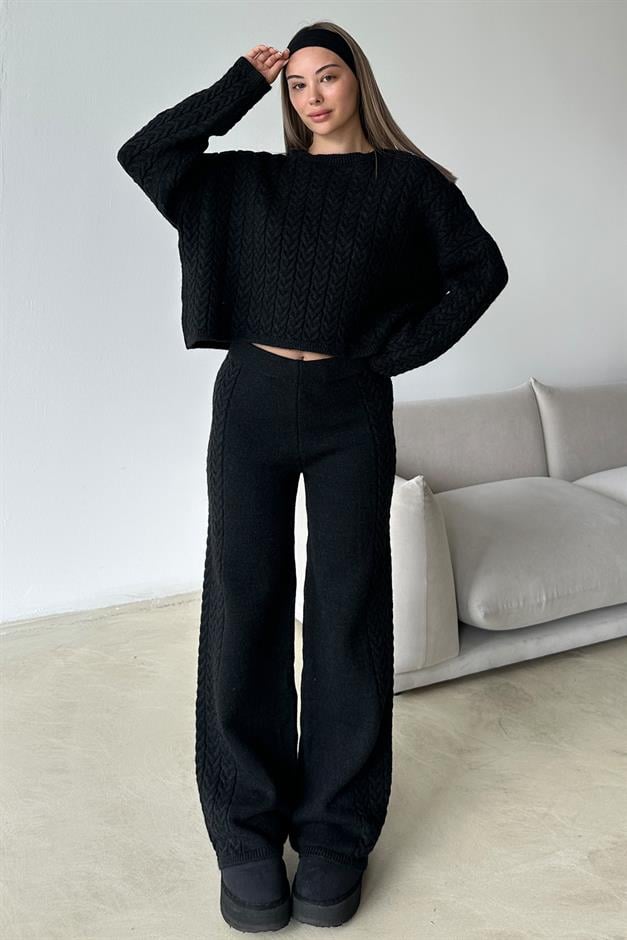 Crew Neck Hair Knit Sweater Suit BLACK 9369-TK