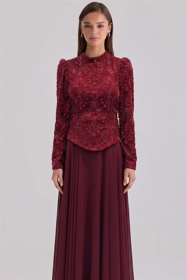 Boncuk Desenli Şifon Kombinli Exclusive Tesettür Abiye Elbise BORDO 1089
