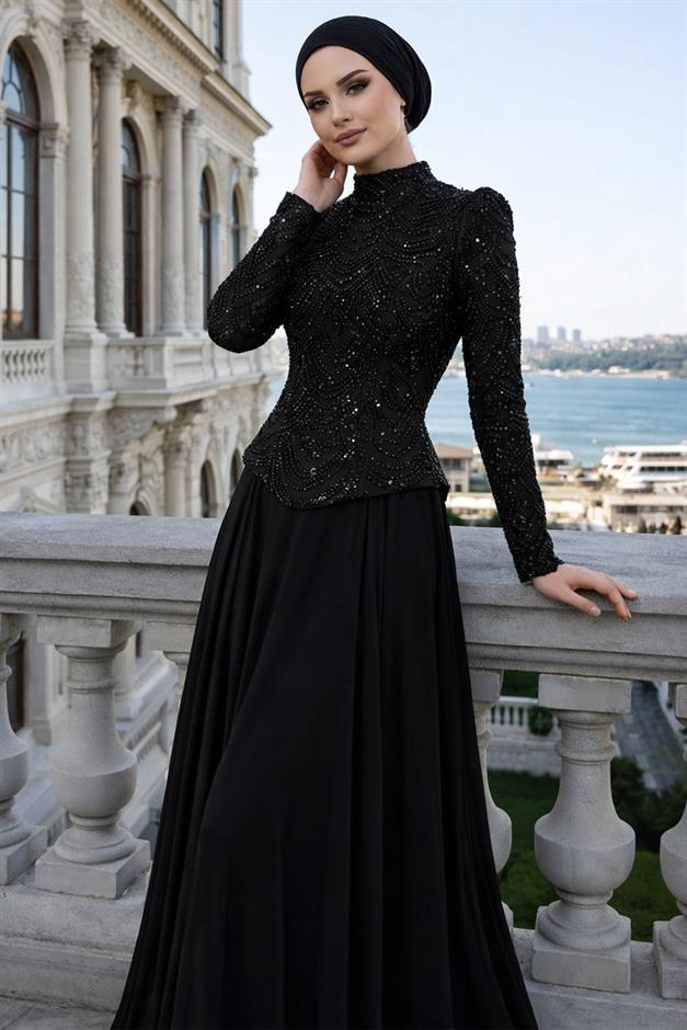 Boncuk ve Pul Bezeli Şifon Kombinli Exclusive Tesettür Abiye Elbise SİYAH 1065