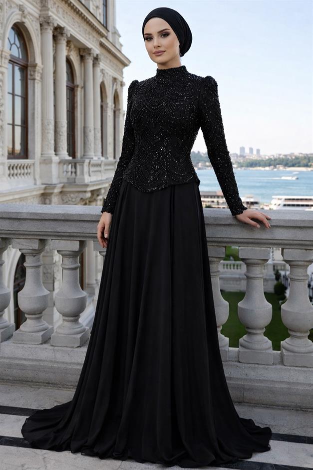 Boncuk ve Pul Bezeli Şifon Kombinli Exclusive Tesettür Abiye Elbise SİYAH 1065