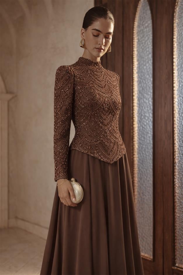 Boncuk ve Pul Bezeli Şifon Kombinli Exclusive Tesettür Abiye Elbise KAHVE 1065