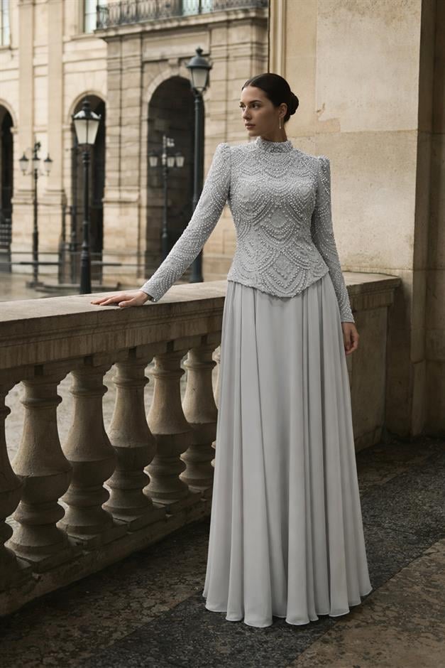 Boncuk ve Pul Bezeli Şifon Kombinli Exclusive Tesettür Abiye Elbise TAŞ 1065