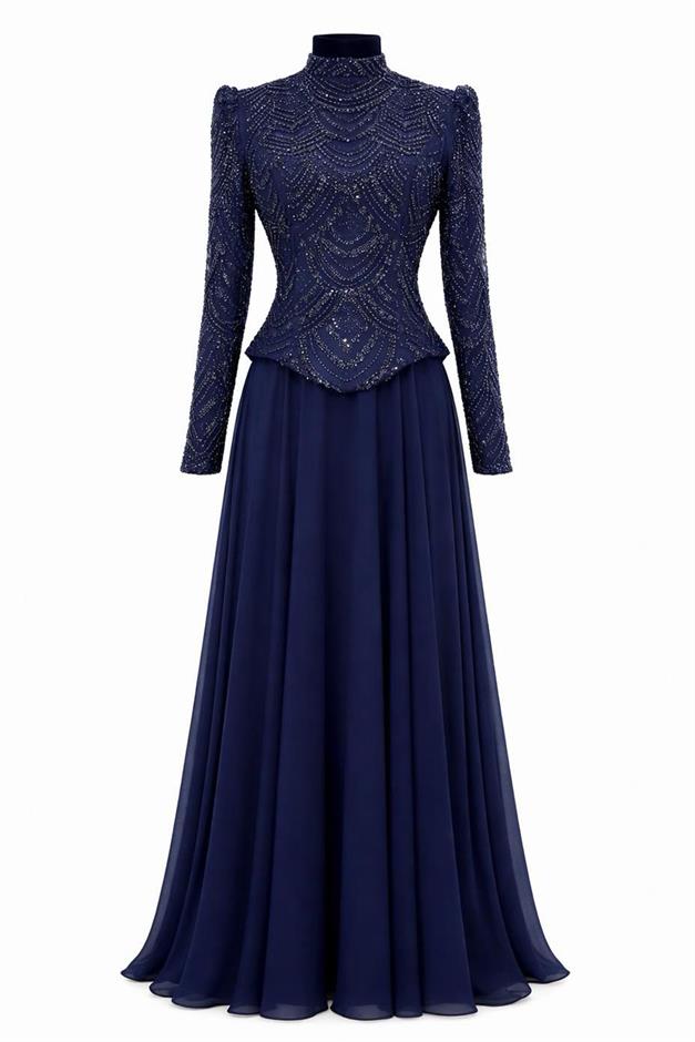 Boncuk ve Pul Bezeli Şifon Kombinli Exclusive Tesettür Abiye Elbise LACİVERT 1065