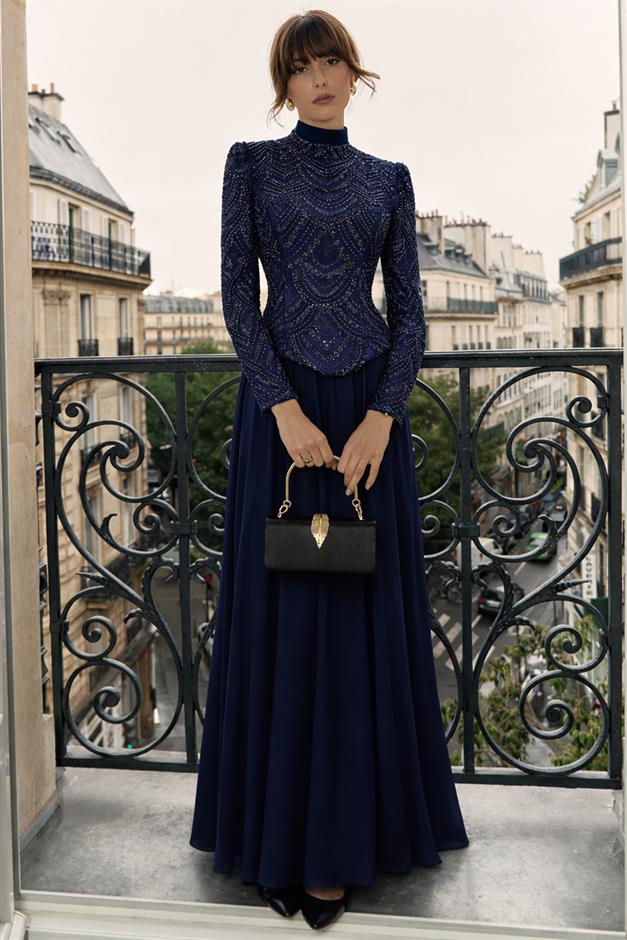 Boncuk ve Pul Bezeli Şifon Kombinli Exclusive Tesettür Abiye Elbise LACİVERT 1065