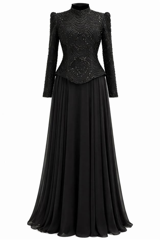 Boncuk ve Pul Bezeli Şifon Kombinli Exclusive Tesettür Abiye Elbise SİYAH 1065