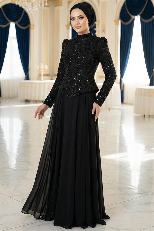Boncuk ve Pul Bezeli Şifon Kombinli Exclusive Tesettür Abiye Elbise SİYAH 1065