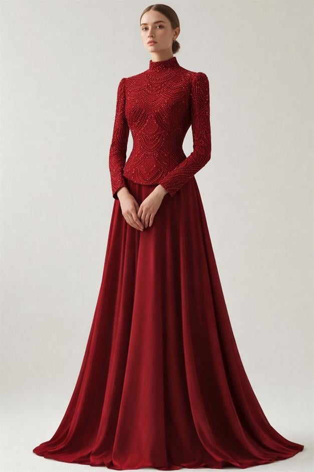 Boncuk ve Pul Bezeli Şifon Kombinli Exclusive Tesettür Abiye Elbise BORDO 1065