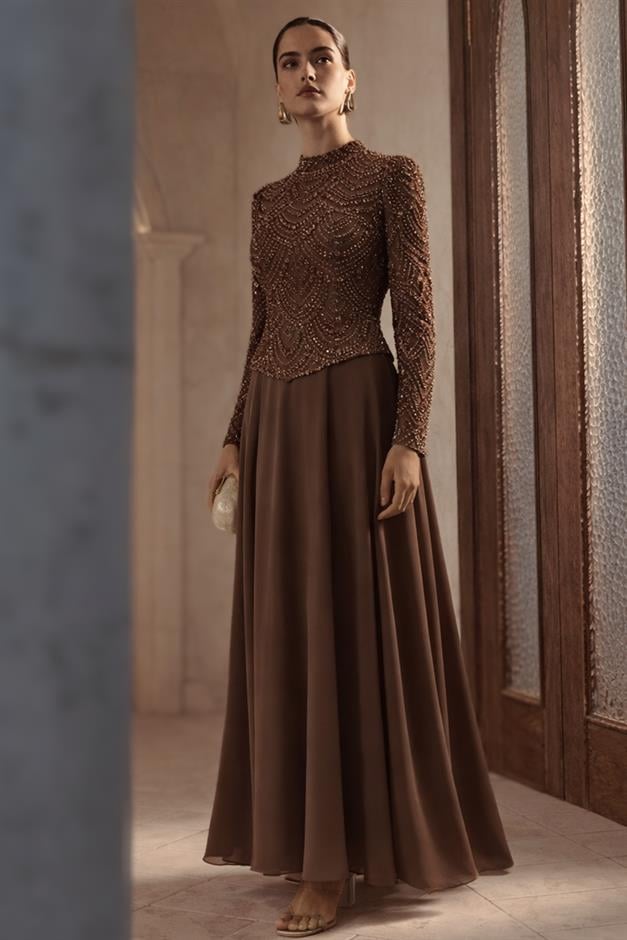 Boncuk ve Pul Bezeli Şifon Kombinli Exclusive Tesettür Abiye Elbise KAHVE 1065