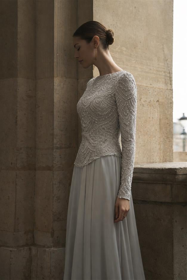 Boncuk ve Pul Bezeli Şifon Kombinli Exclusive Tesettür Abiye Elbise TAŞ 1065