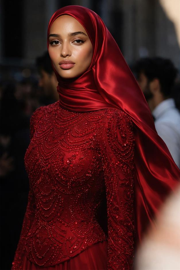 Boncuk ve Pul Bezeli Şifon Kombinli Exclusive Tesettür Abiye Elbise BORDO 1065