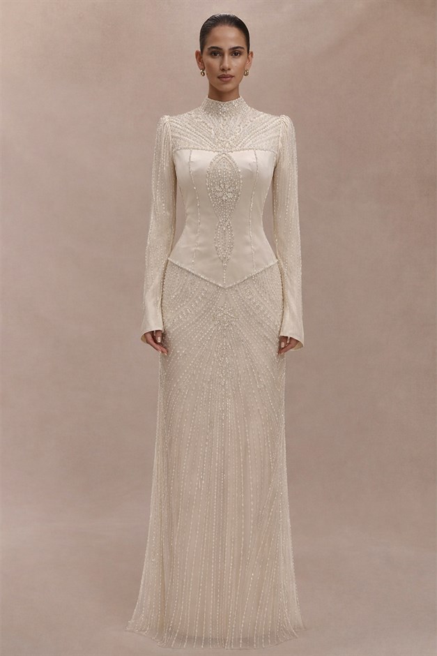 Boncuk ve Taş Bezeli Korseli Exclusive Tesettür Abiye Elbise BEJ 1079