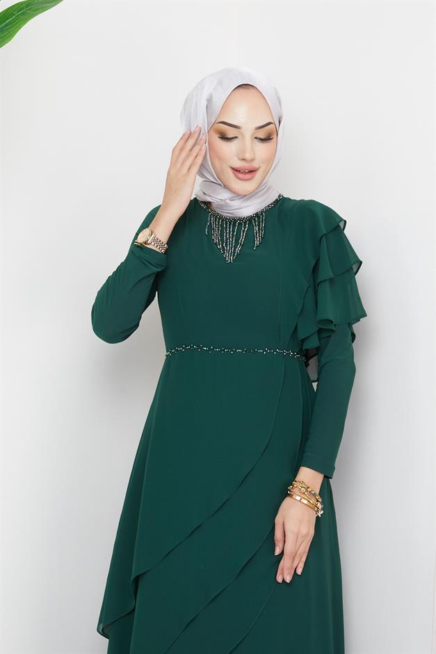 فستان سهرة شيفون محتشم مع تفاصيل خرز وكشكشة أخضر 1652
