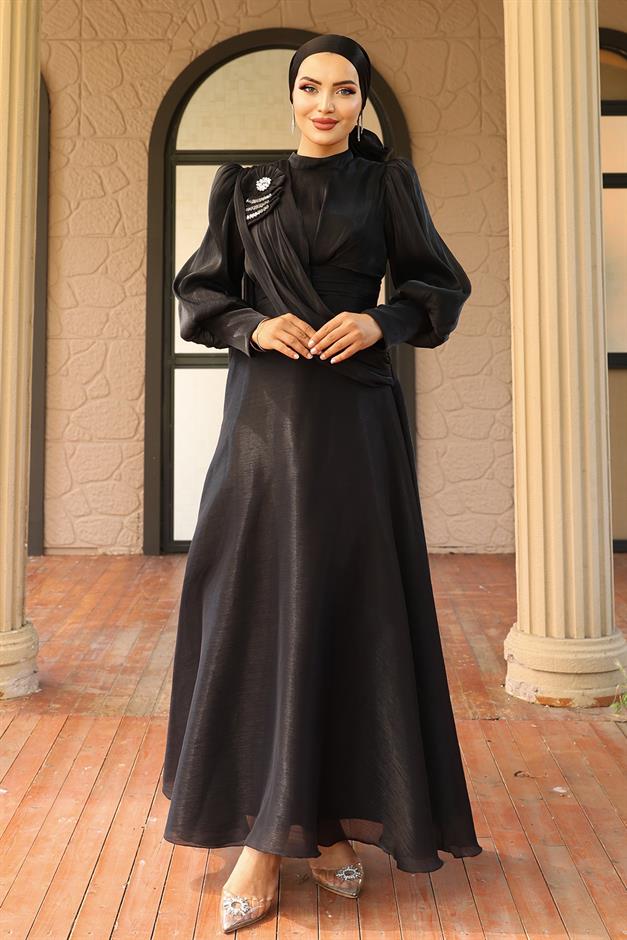 فستان سهرة حرير يورغو واسع مع تفاصيل بروش أسود 1242