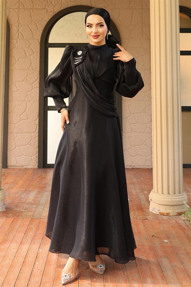 فستان سهرة حرير يورغو واسع مع تفاصيل بروش أسود 1242