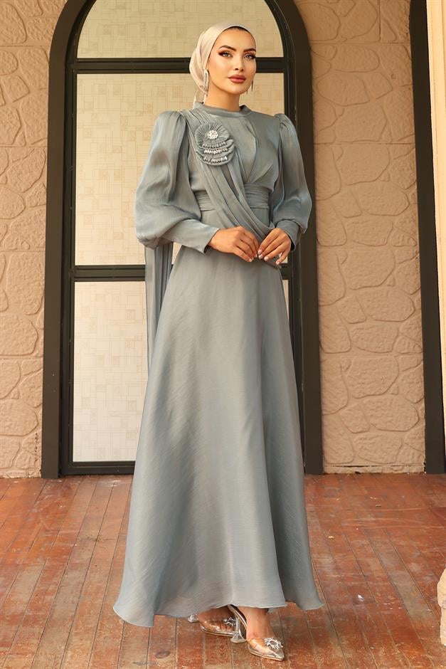 فستان سهرة حرير يورغو واسع مع تفاصيل بروش أخضر مائي 1242