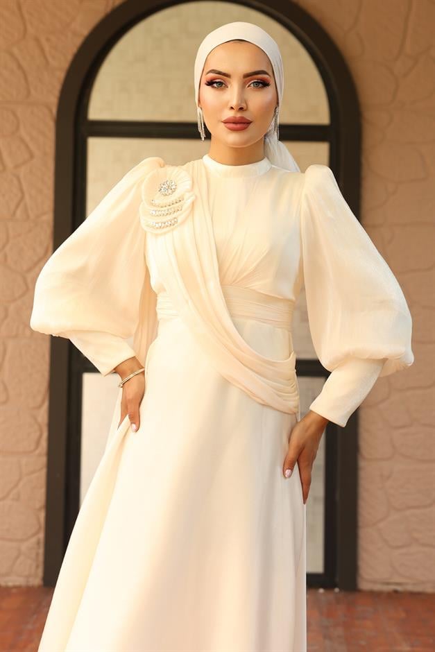 فستان سهرة حرير يورغو واسع مع تفاصيل بروش العاج 1242