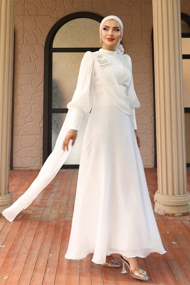 فستان سهرة حرير يورغو واسع مع تفاصيل بروش أبيض 1242