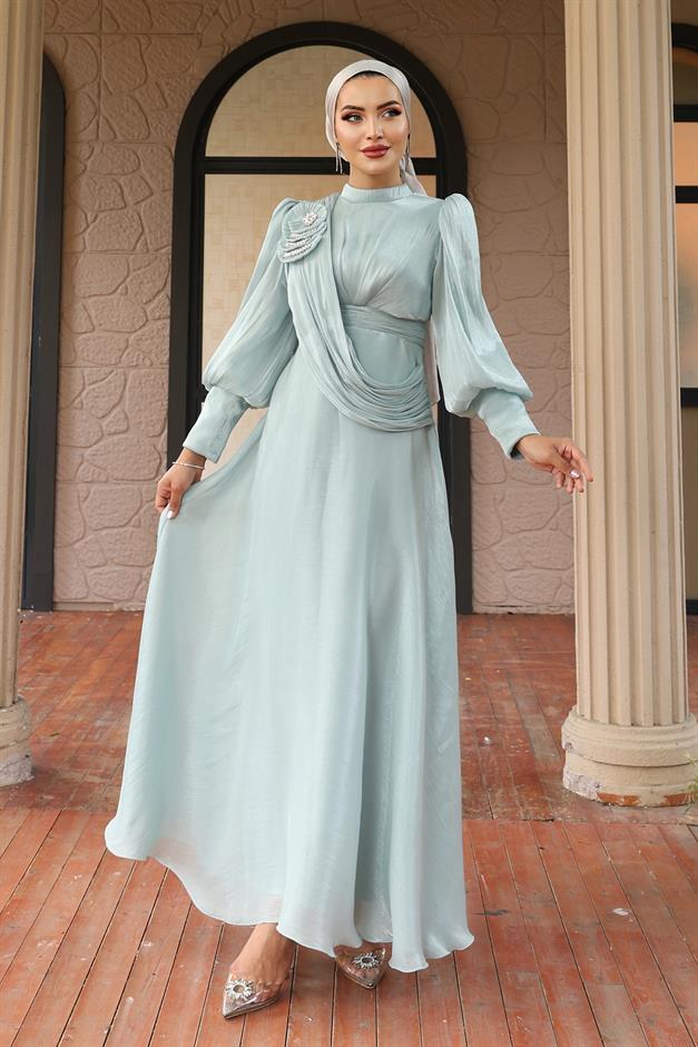 فستان سهرة حرير يورغو واسع مع تفاصيل بروش مثل 1242