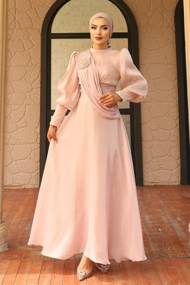 فستان سهرة حرير يورغو واسع مع تفاصيل بروش مسحوق 1242