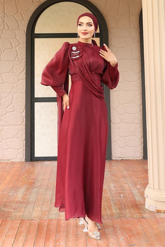 فستان سهرة حرير يورغو واسع مع تفاصيل بروش حافة 1242