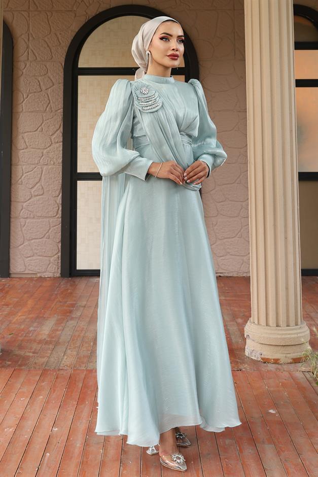 فستان سهرة حرير يورغو واسع مع تفاصيل بروش مثل 1242