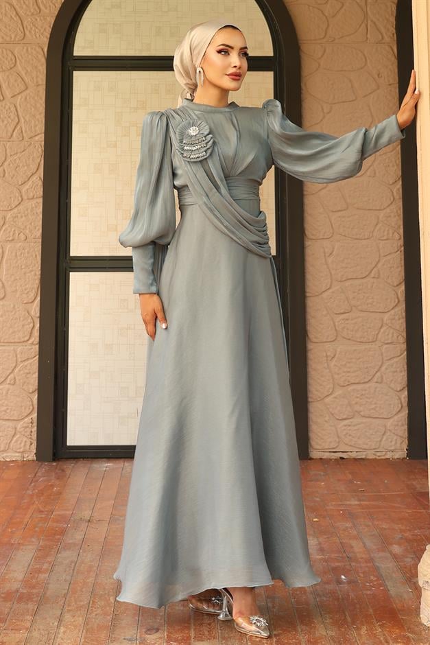 فستان سهرة حرير يورغو واسع مع تفاصيل بروش أخضر مائي 1242