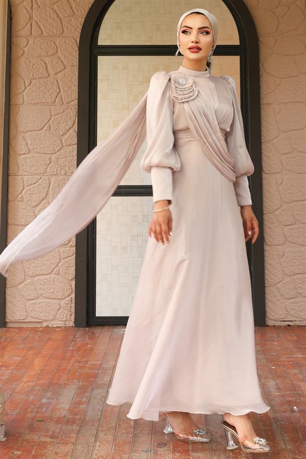 فستان سهرة حرير يورغو واسع مع تفاصيل بروش حجر 1242