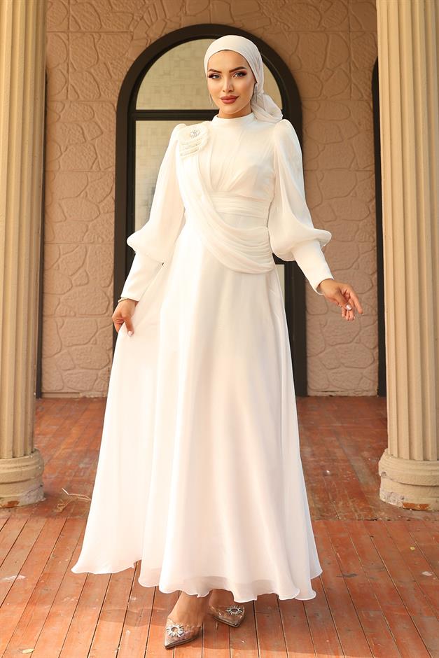 فستان سهرة حرير يورغو واسع مع تفاصيل بروش أبيض 1242