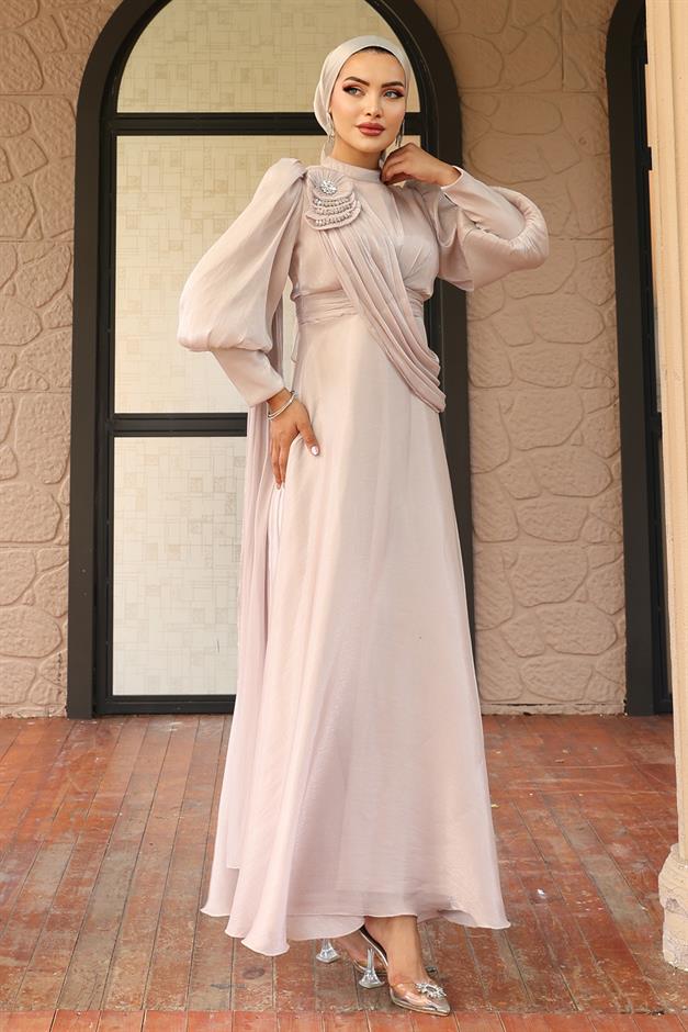 فستان سهرة حرير يورغو واسع مع تفاصيل بروش حجر 1242