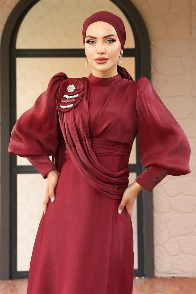 فستان سهرة حرير يورغو واسع مع تفاصيل بروش حافة 1242