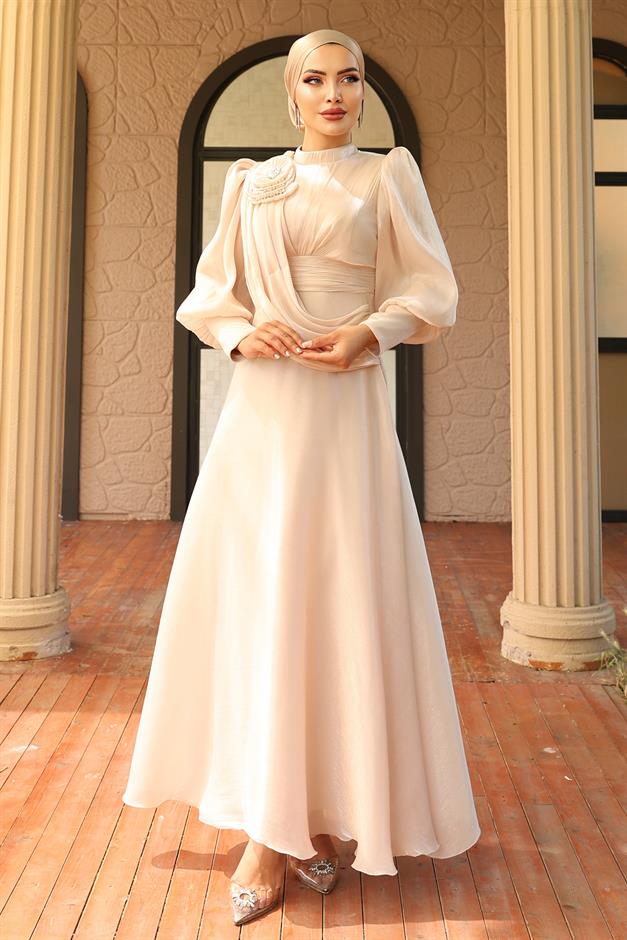 فستان سهرة حرير يورغو واسع مع تفاصيل بروش كريم 1242