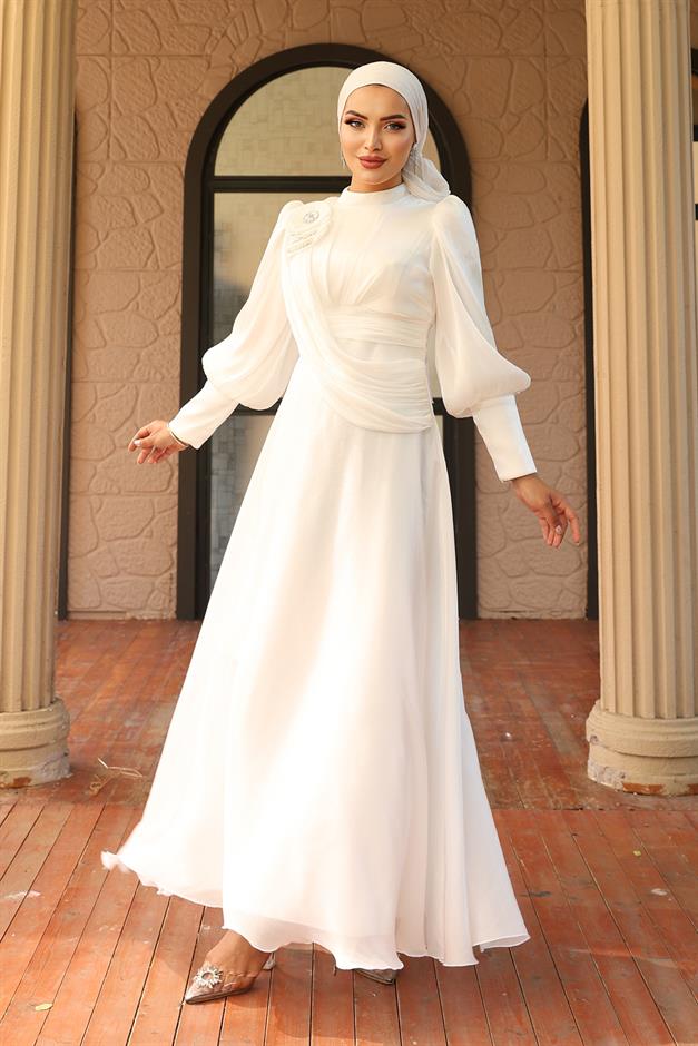 فستان سهرة حرير يورغو واسع مع تفاصيل بروش أبيض 1242