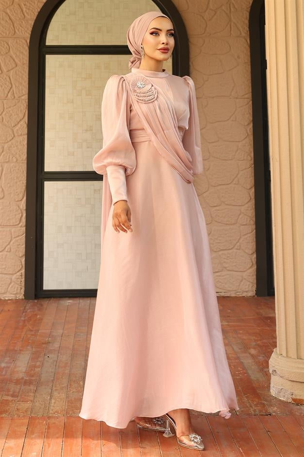 فستان سهرة حرير يورغو واسع مع تفاصيل بروش مسحوق 1242