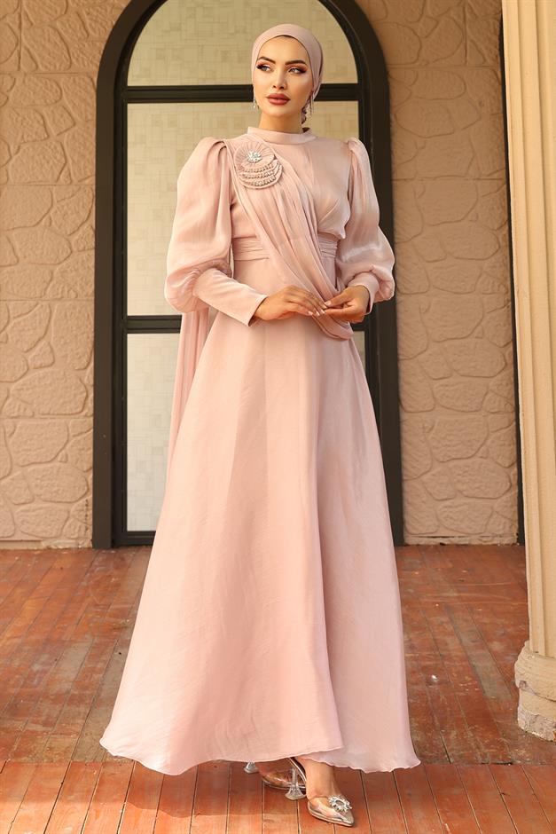 فستان سهرة حرير يورغو واسع مع تفاصيل بروش مسحوق 1242