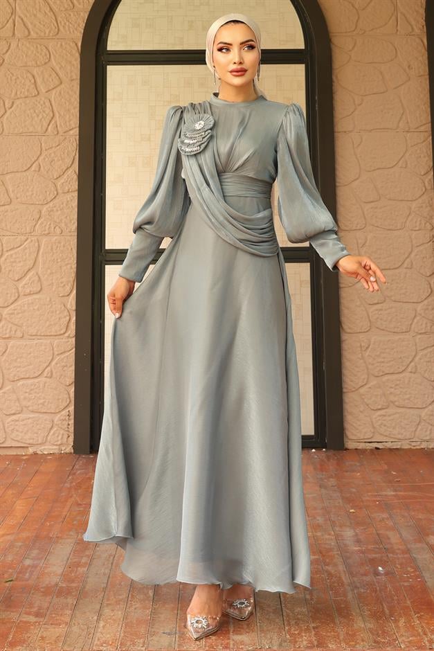 فستان سهرة حرير يورغو واسع مع تفاصيل بروش أخضر مائي 1242