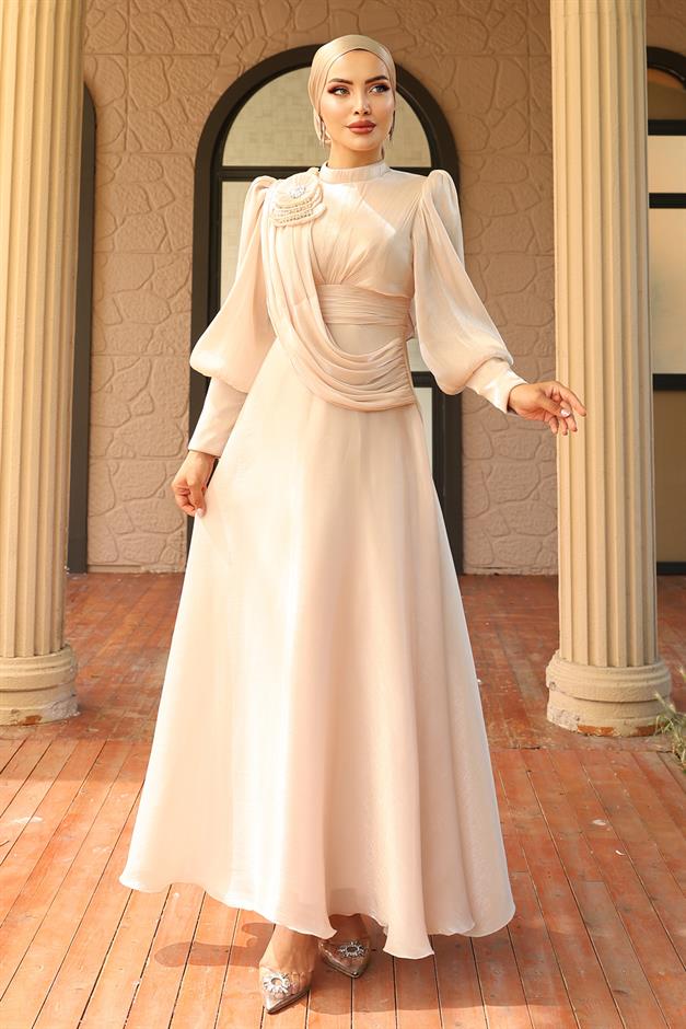 فستان سهرة حرير يورغو واسع مع تفاصيل بروش كريم 1242